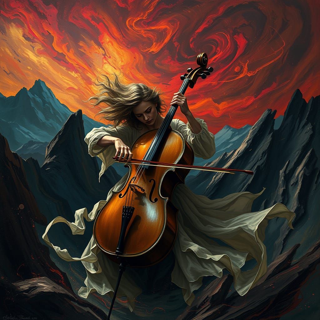 Ethereal Cello Player in Baroque Chaos