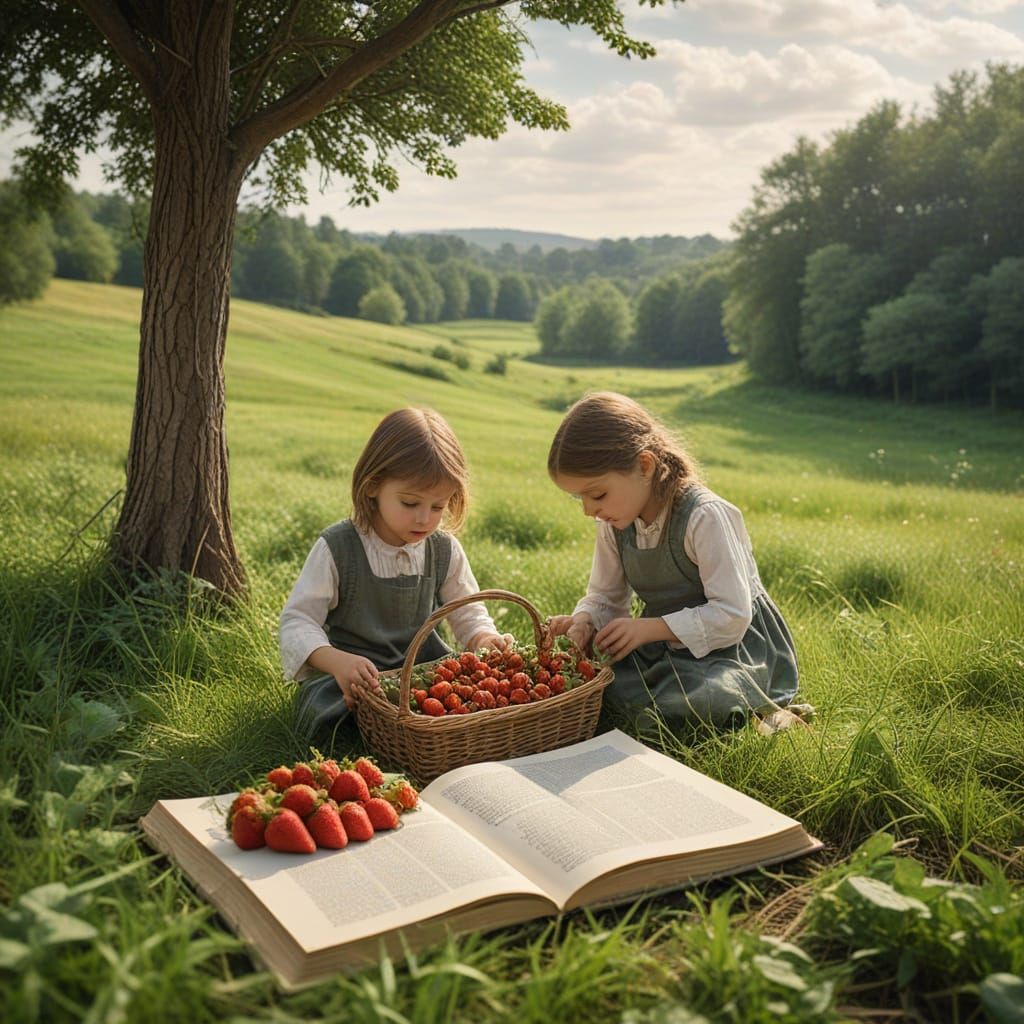 Whimsical Children Gather Strawberries in a Lush Meadow