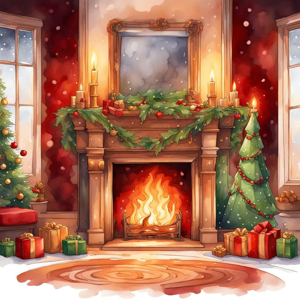 Watercolor Christmas Fireplace Clipart in Gold Palette
