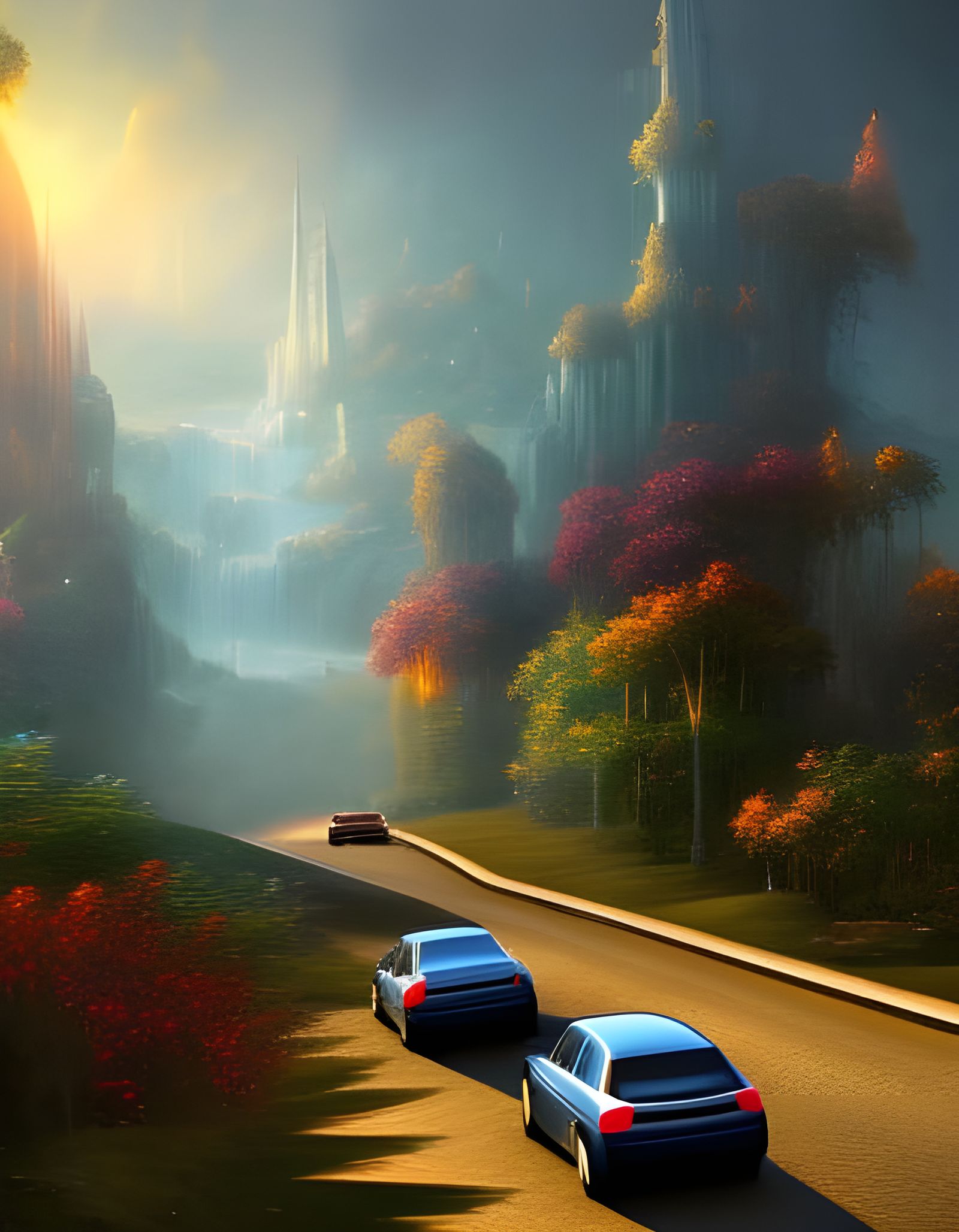 Vintage Automobile on Misty Road