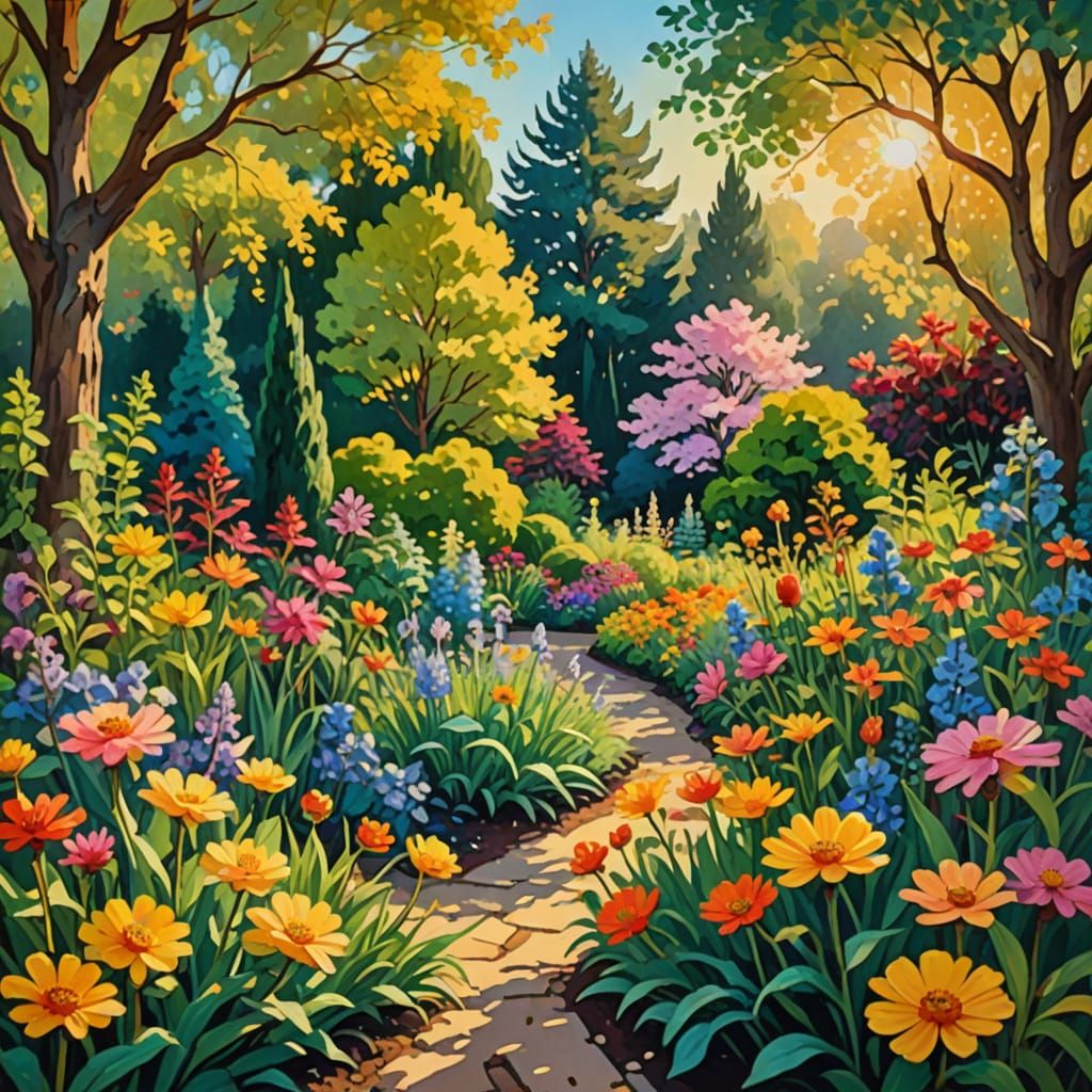 Impressionist Garden Scene in Gouache Style