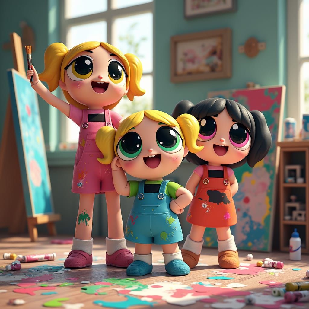 Powerpuff Girls in Vibrant Art Studio, Anime-Inspired 3D Art