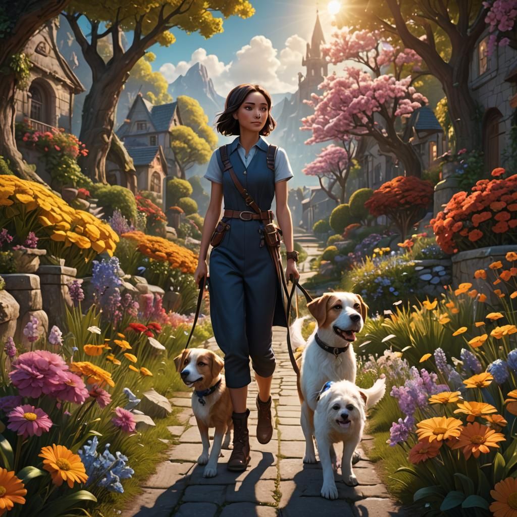 Boy and Girl Walk Dog on Sunny Hill as Matte Painting