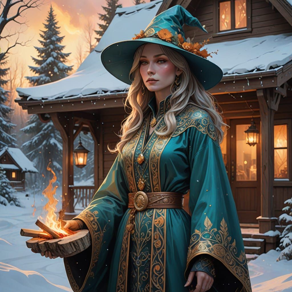 Winter Witch in Snowy Forest, in Art Nouveau Style