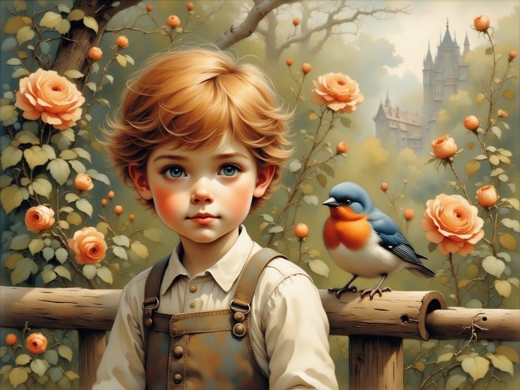 Whimsical Vintage Boy and Sparrow in a Blooming Garden