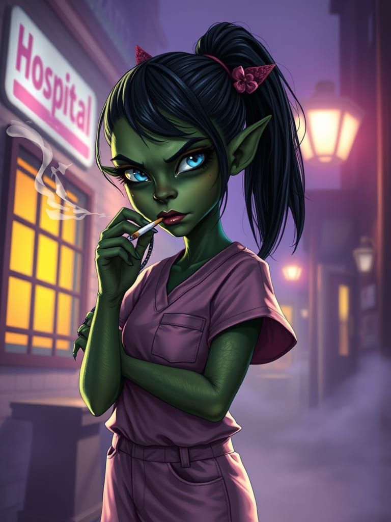 Orc Nurse Smokes Outside Hospital in Dark Fantasy Style