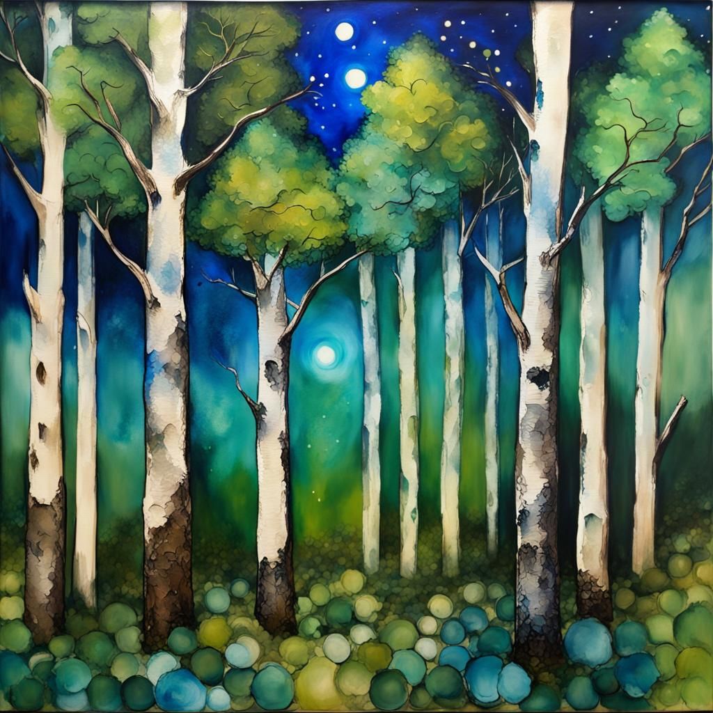 alcohol ink art :: aspen tree forest :: ink blue starry night sage twilight :: green gooseberry shrubs :: neo-impression...