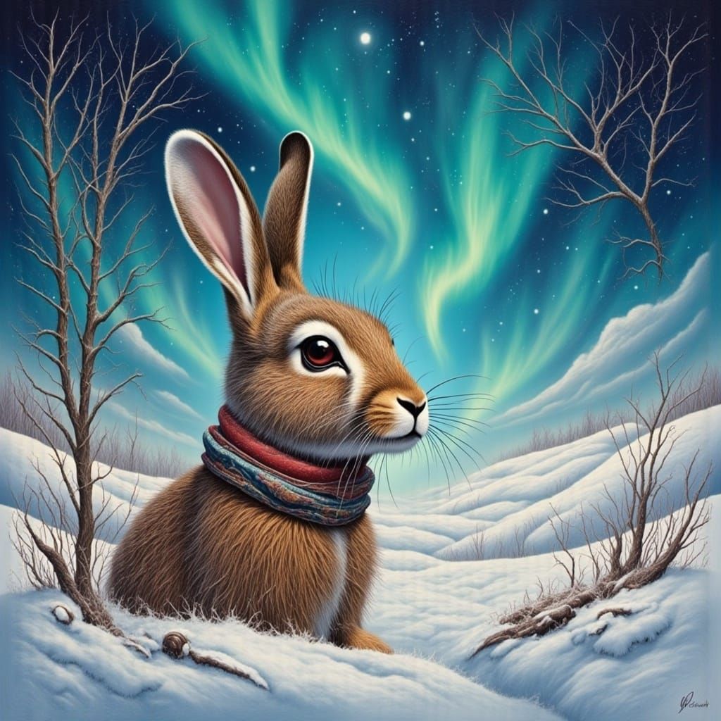 Snowshoe Hare Portrait Under Northern Lights as Oil Painting