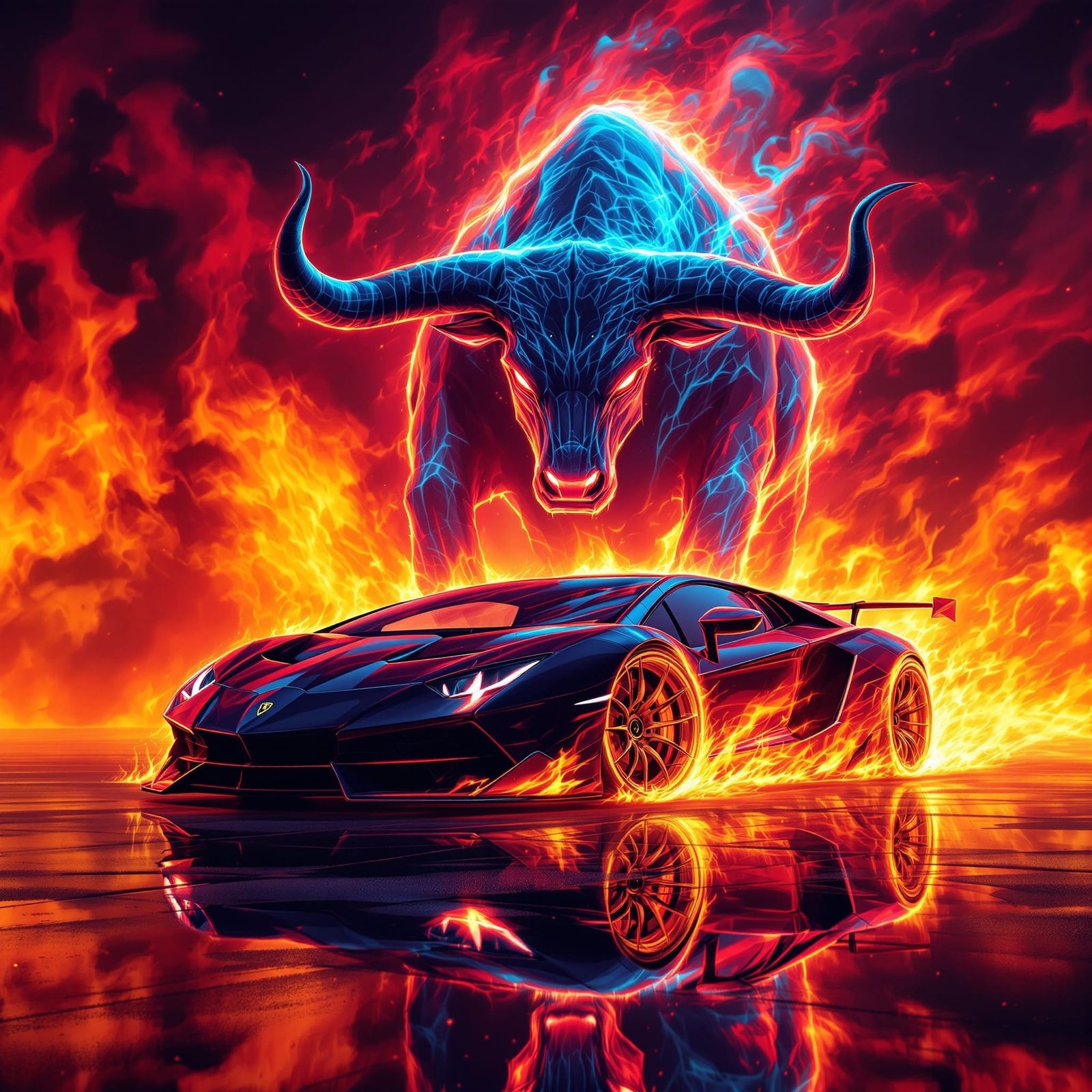 Fiery Lamborghini with Spectral Bull Aura