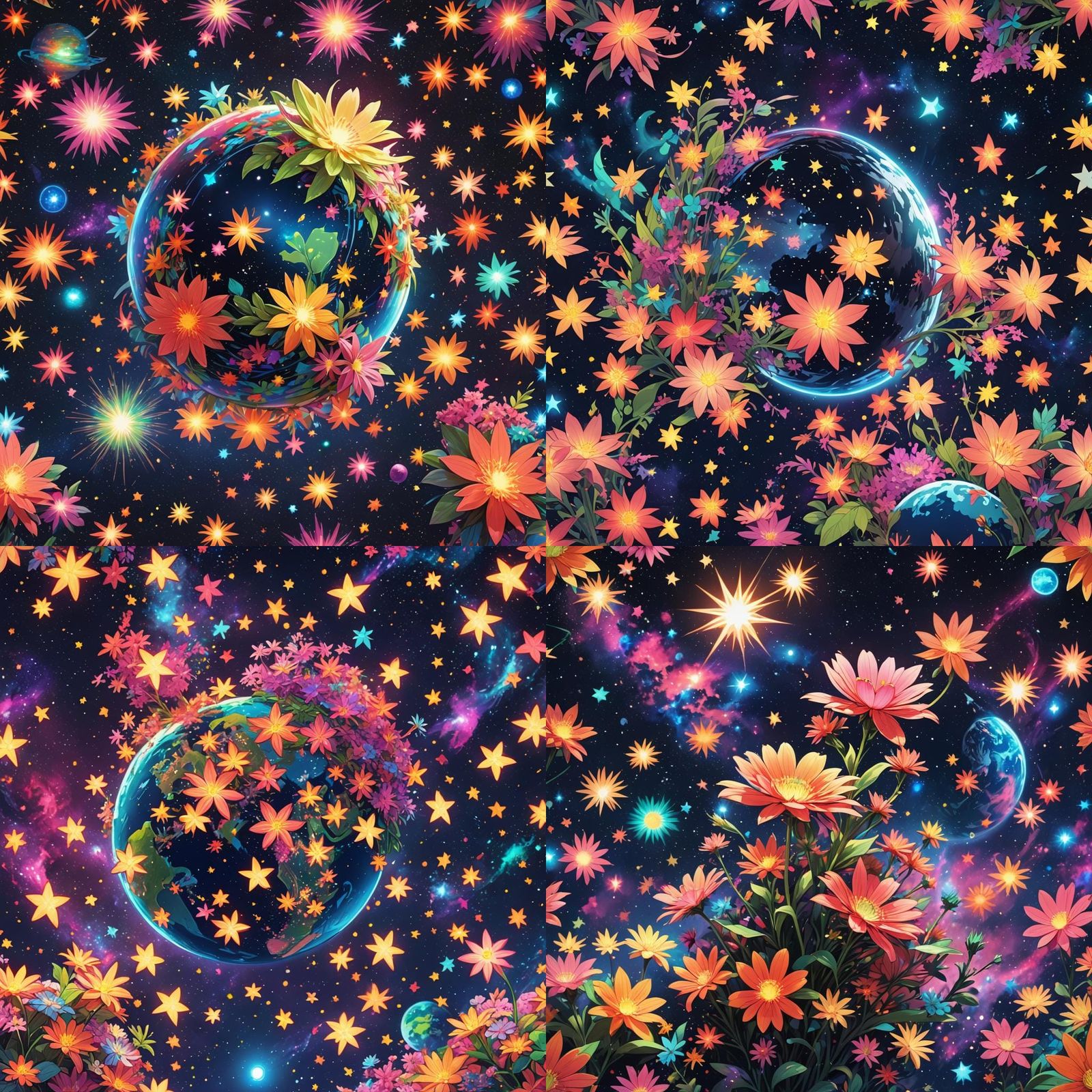 Giant Fluorescent Flower Over Earth in Manga Style