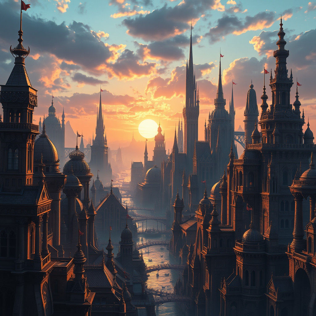 Epic Fantasy City at Golden Hour, Detailed Matte Painting