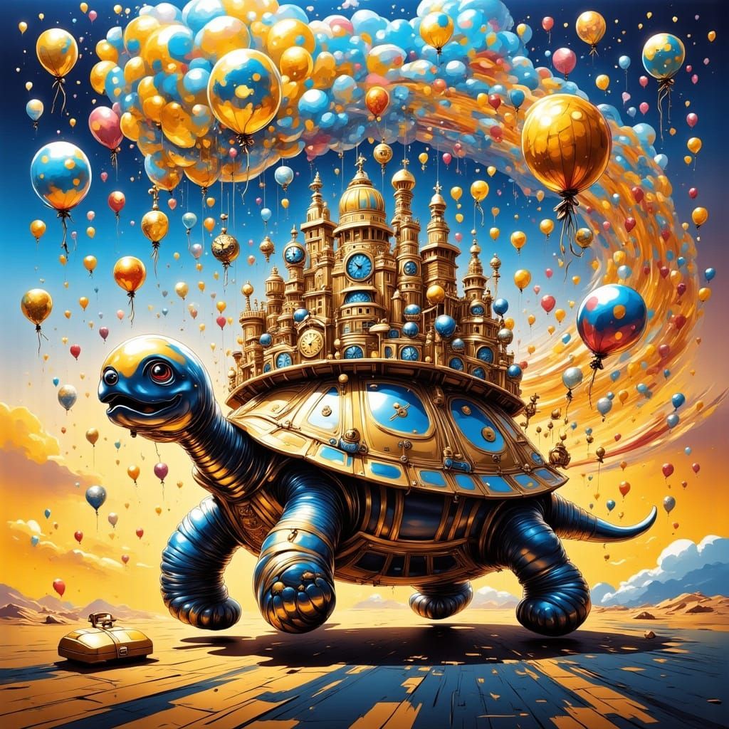 Giant Tortoise City in Surreal Oil Painting