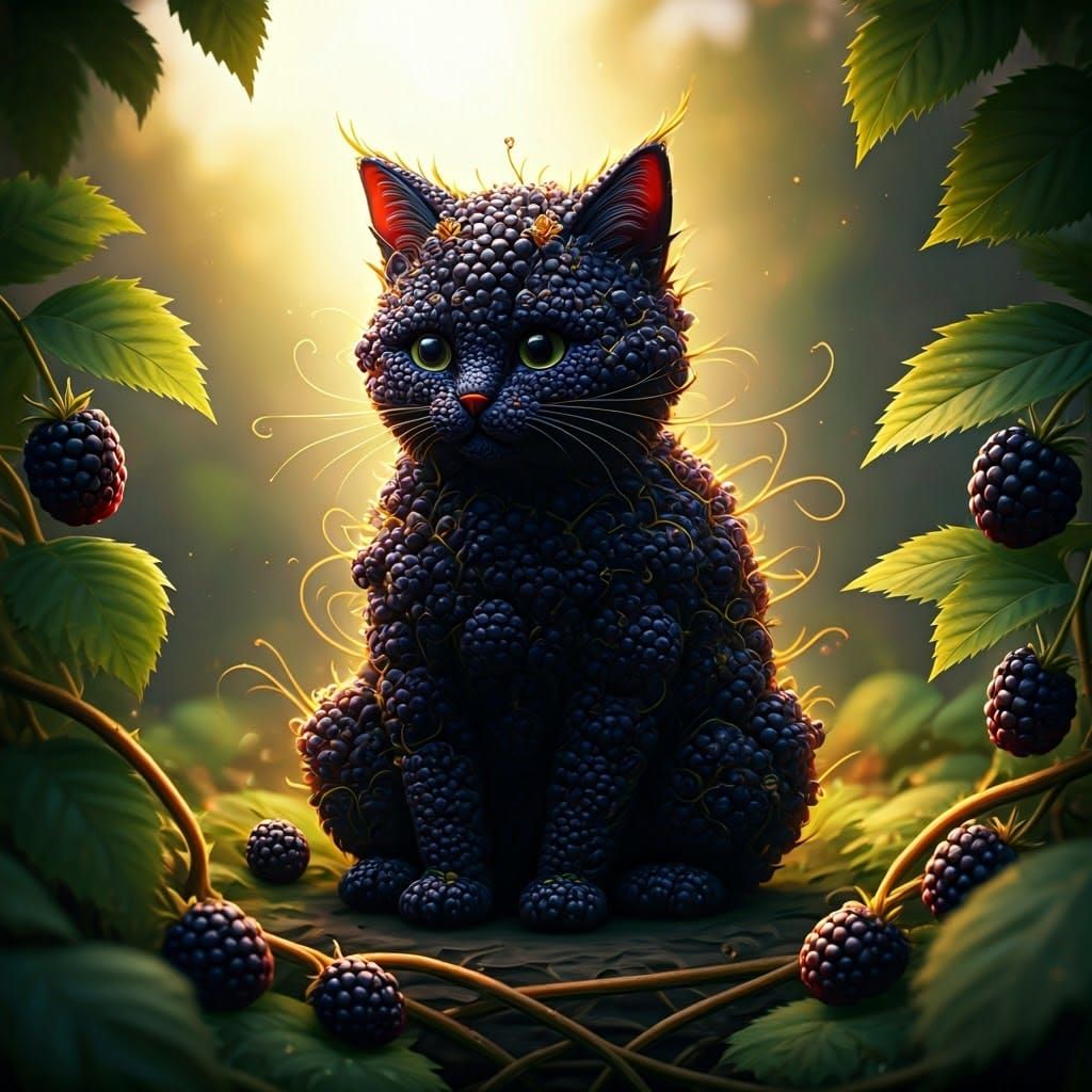 Surreal Blackberry Cat in Whimsical Fairytale Style