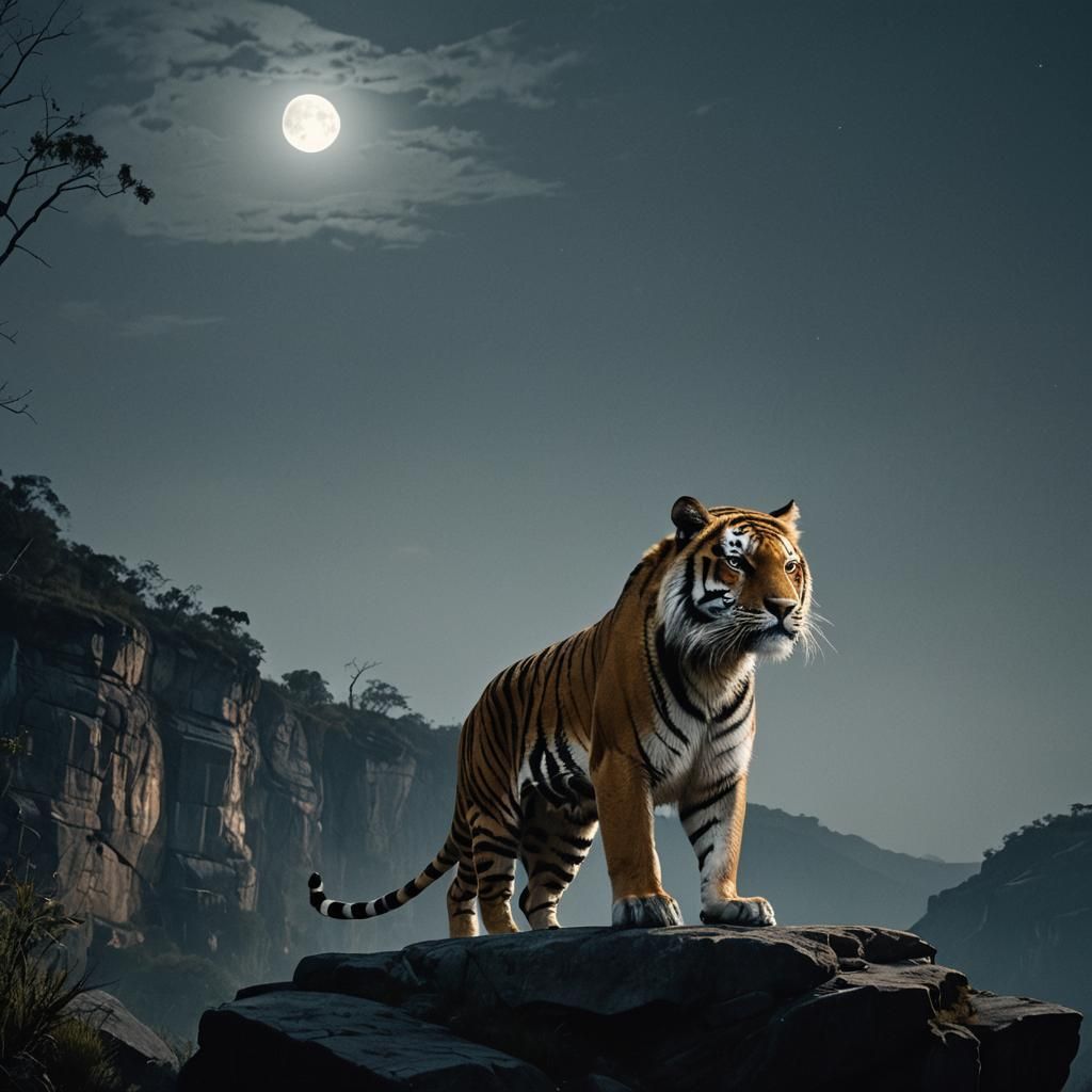 Majestic Tiger on Cliff Edge in Moonlight