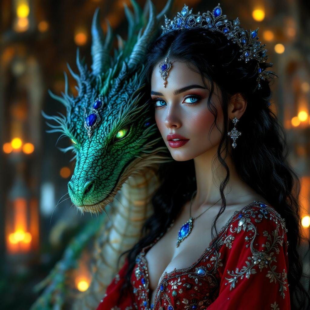 Ethereal Queen and Dragon in Art Nouveau Style