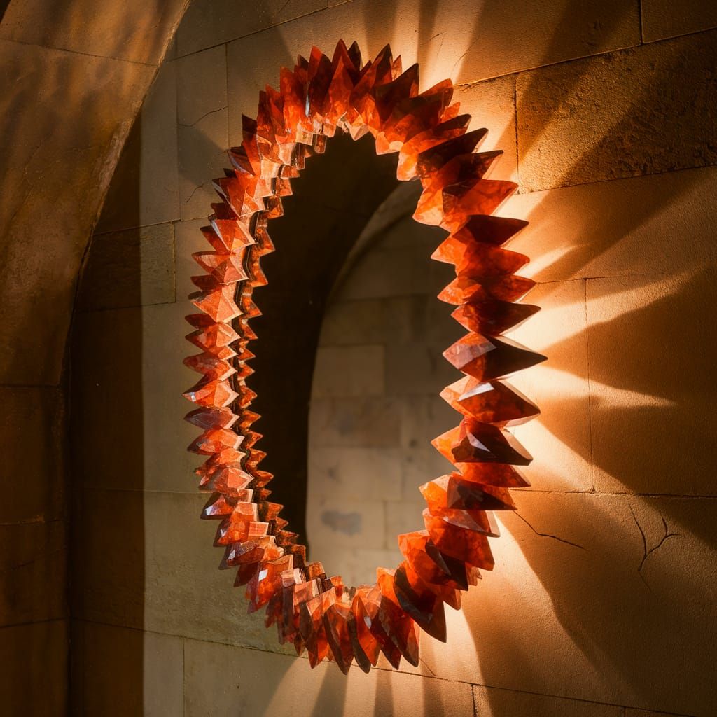 Crocoite Crystal Mirror in Dimly Lit Chamber