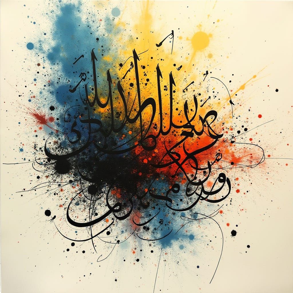 Vibrant Asemic Script with Abstract Shapes and Ink Splatters