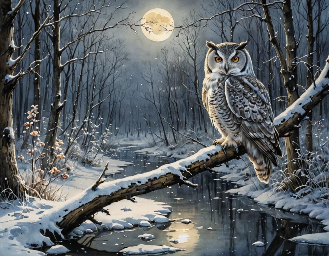 Owl in Snowy Forest, Monge-Style Watercolor
