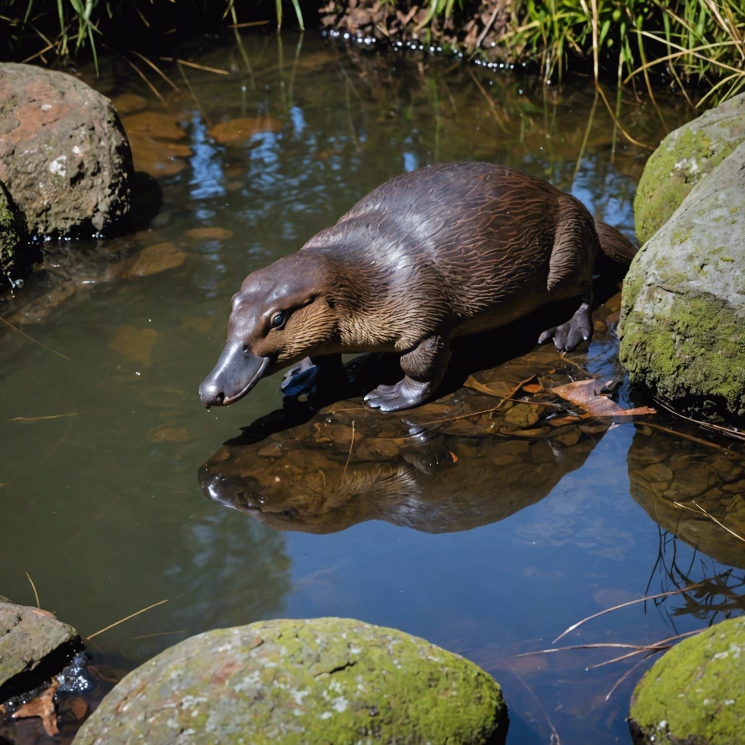 Australian Platypus on a Rock in a Stream