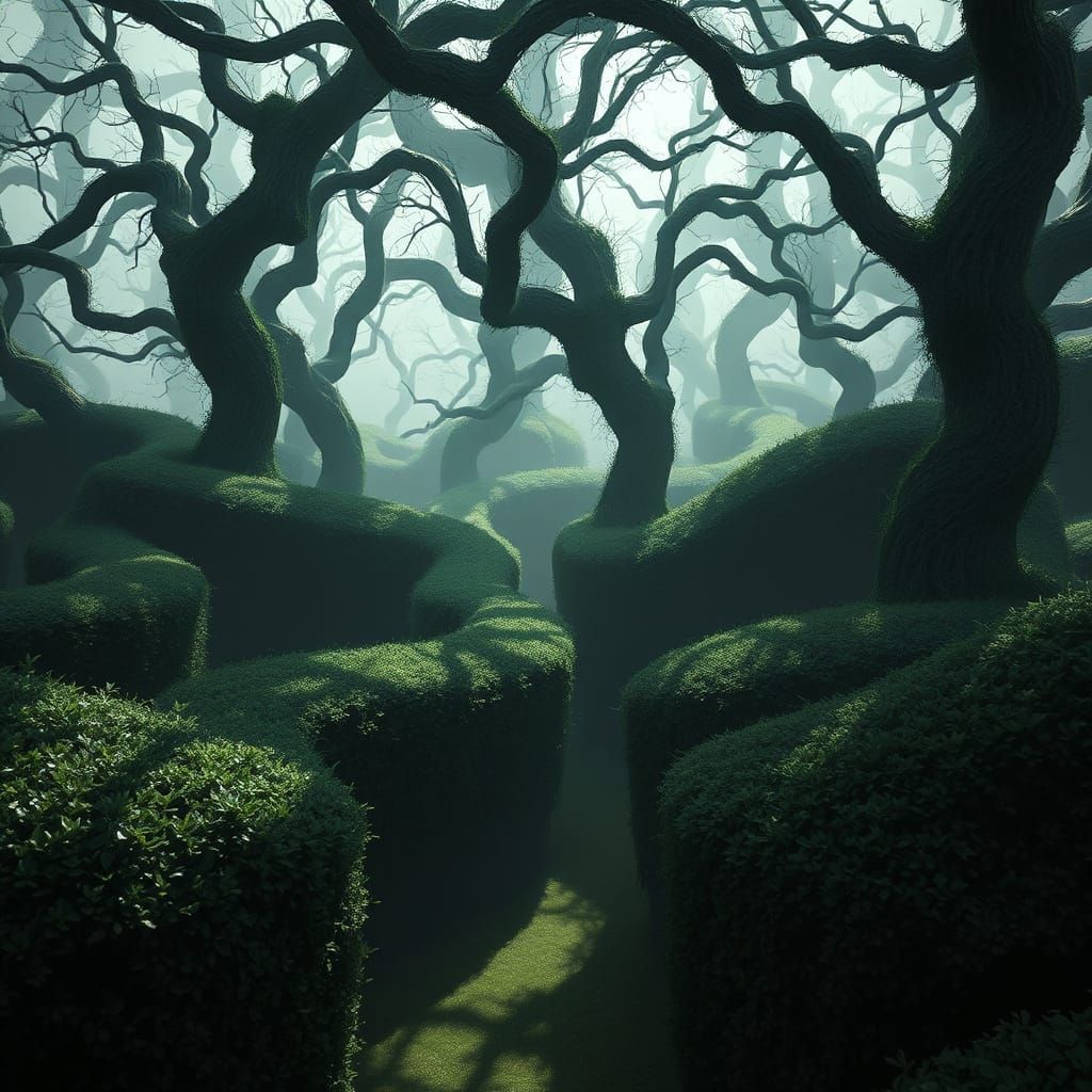 Eerie Overgrown Hedge Maze in Dark Fantasy Style