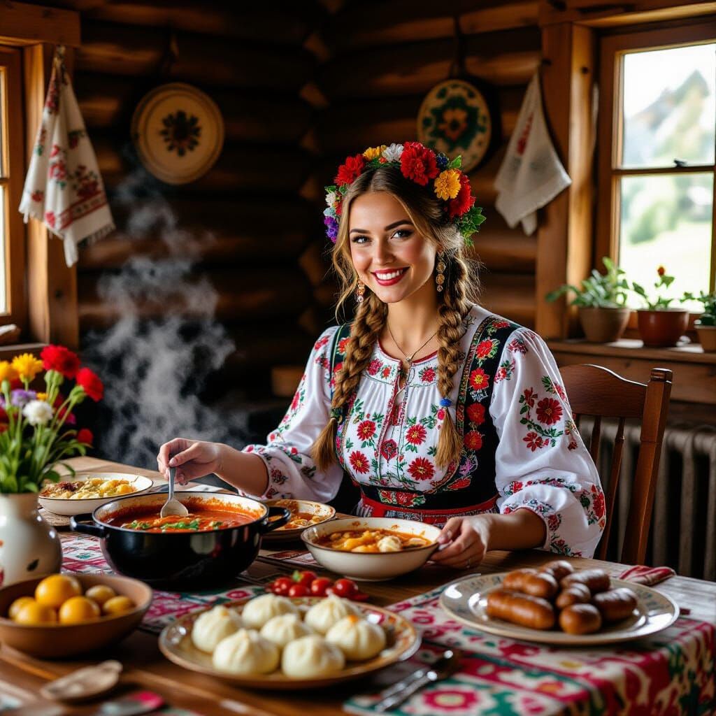 Ukrainian Woman Hosts Dinner Party in Folk Art Style