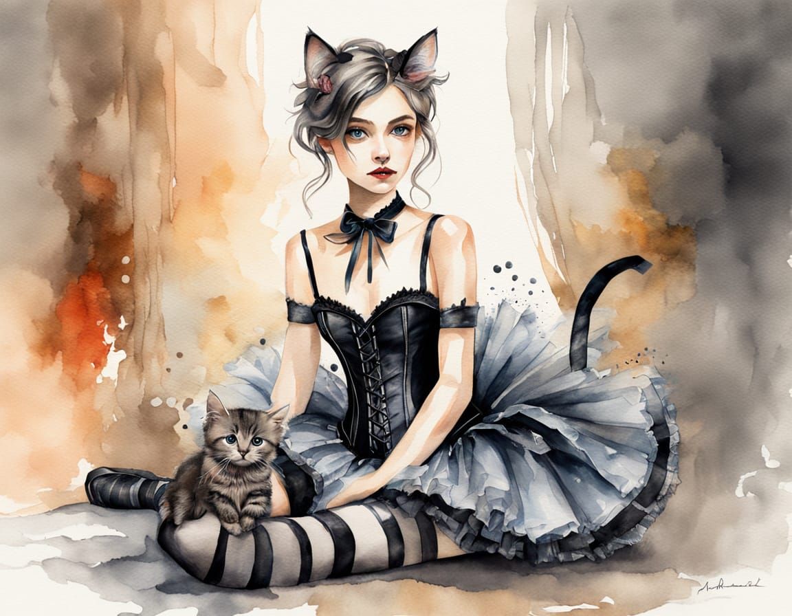 Woman with Kitten in Watercolor Splash Art