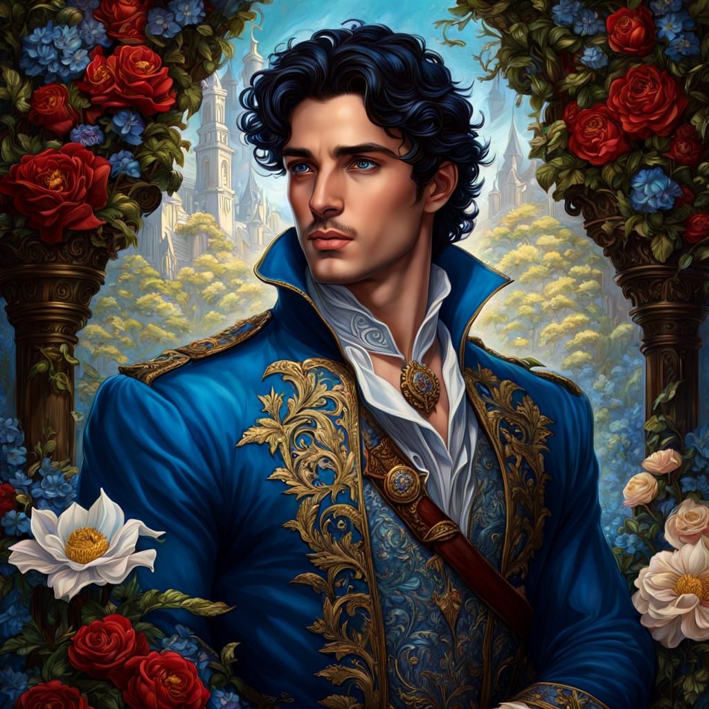 Dark Fantasy Prince in Vibrant Floral Attire