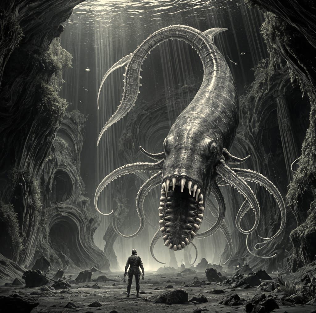 Majestic Abyssal Leviathan in Dark Depths