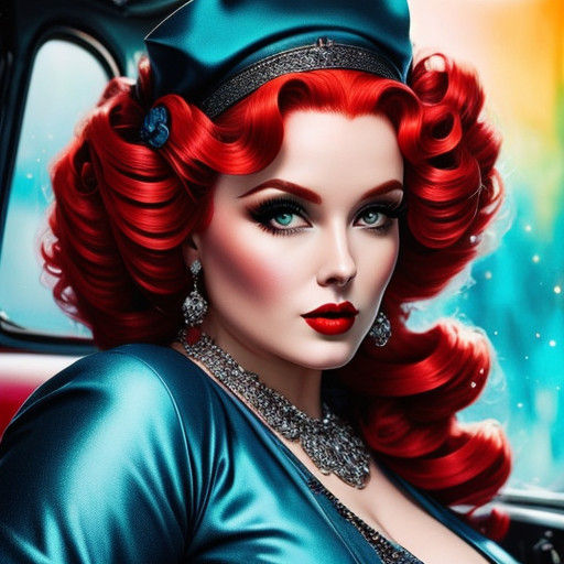 Vintage Punk Goddess with Bright Red Hair and Tattoos