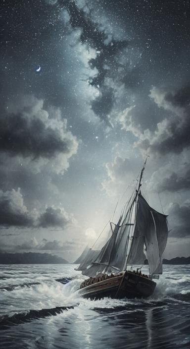 Realistic Landscape Painting with Sailing Boat and Starry Ni...