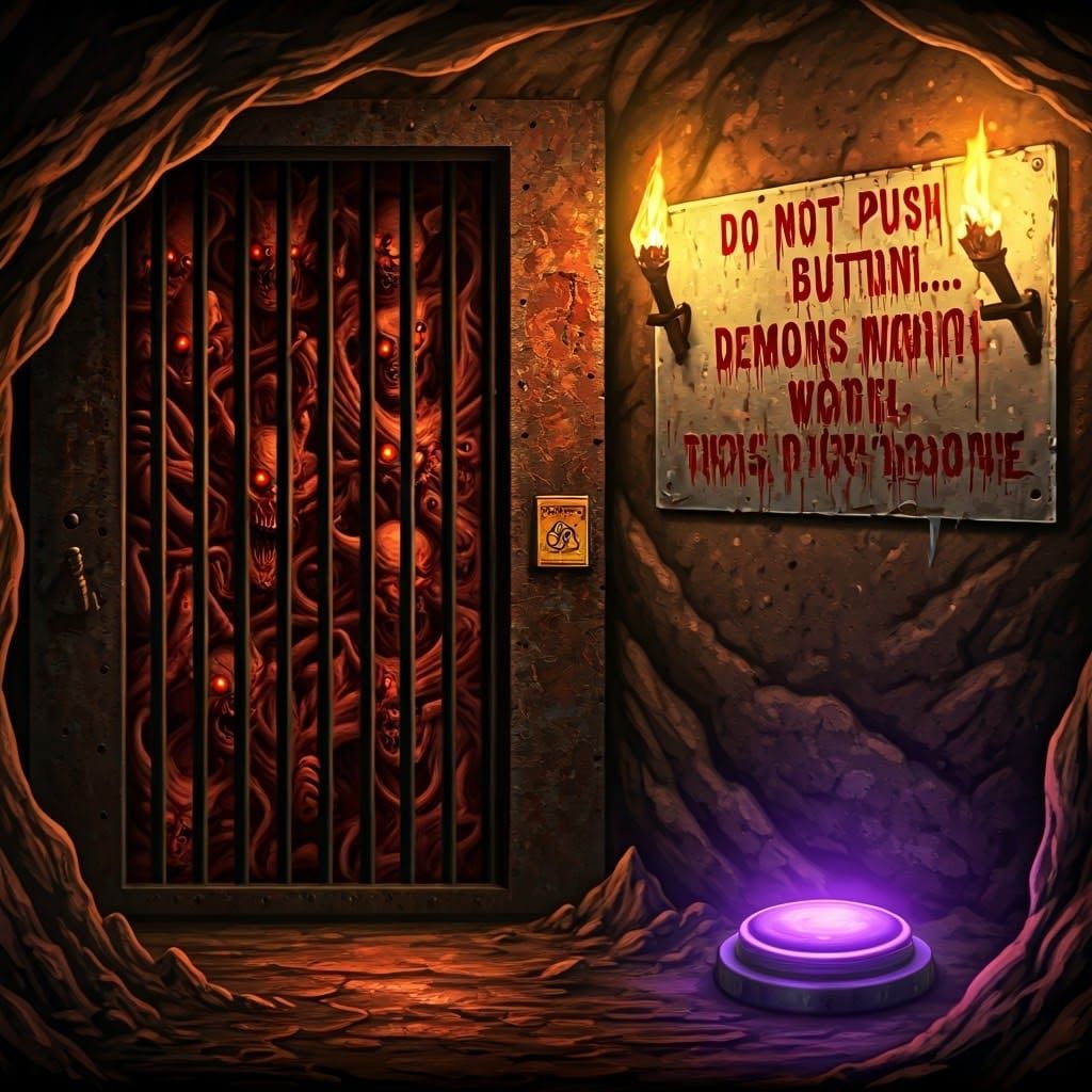 Twisted Demons Behind a Barred Door, Forbidden Button Beckon...