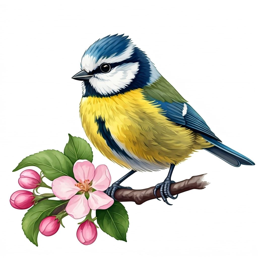Blue Tit Among Apple Blossoms, Whimsical Illustration