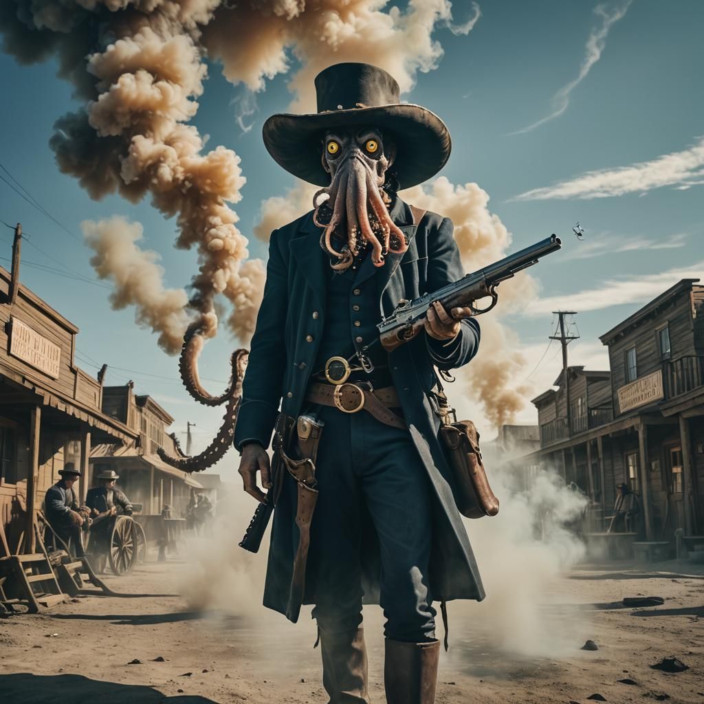 Octopus Gunslinger Duel in Wild West Cinematic Scene