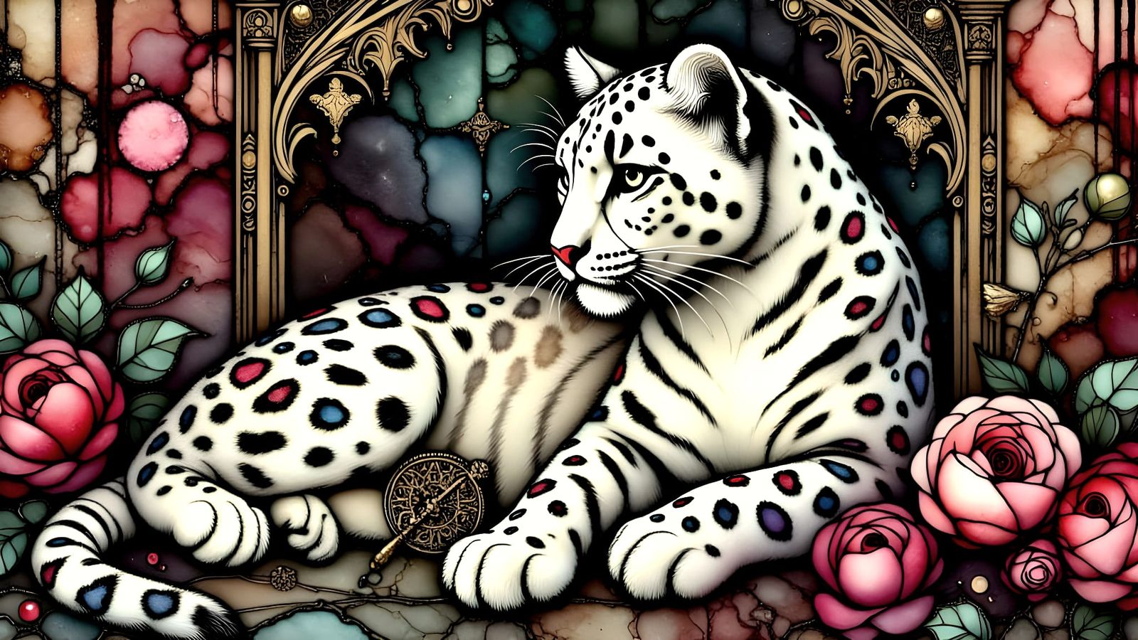 Snow Leopard with Roses in Dark Romance Style