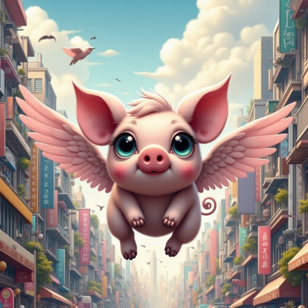 Magical Pig Soars Through Urban Skies