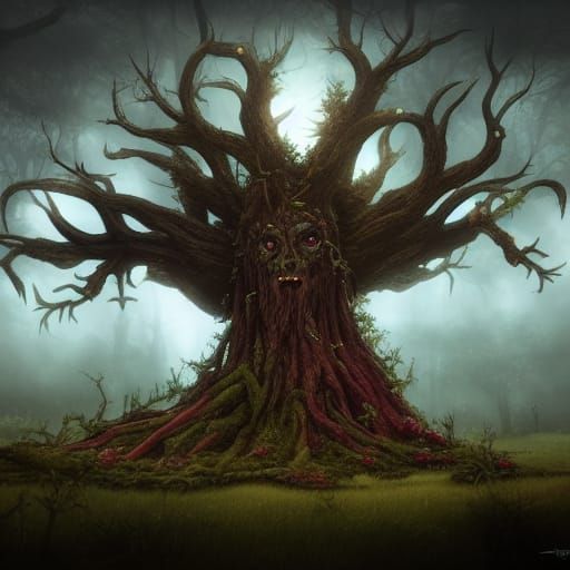 Treefolk Horror Fuse with Elf Spirit in Gothic Art