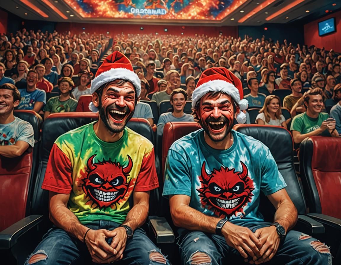 Devils in Santa Hats at the Cinema, Cartoon Style