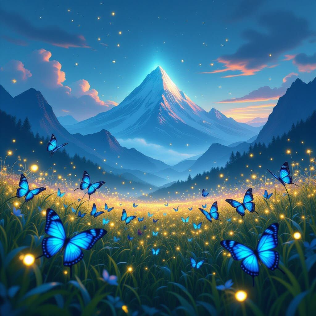 Vibrant Bioluminescent Field with Towering Misty Mountains