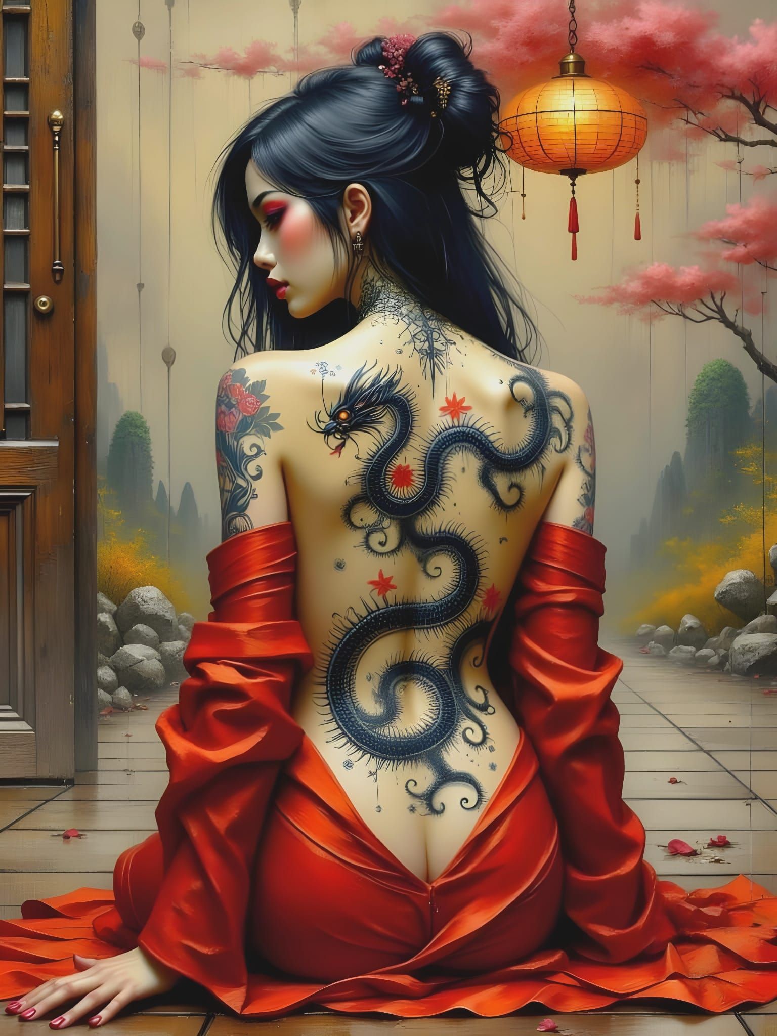 Elegant Asian Dragon Tattoo Art in Oil Painting Style