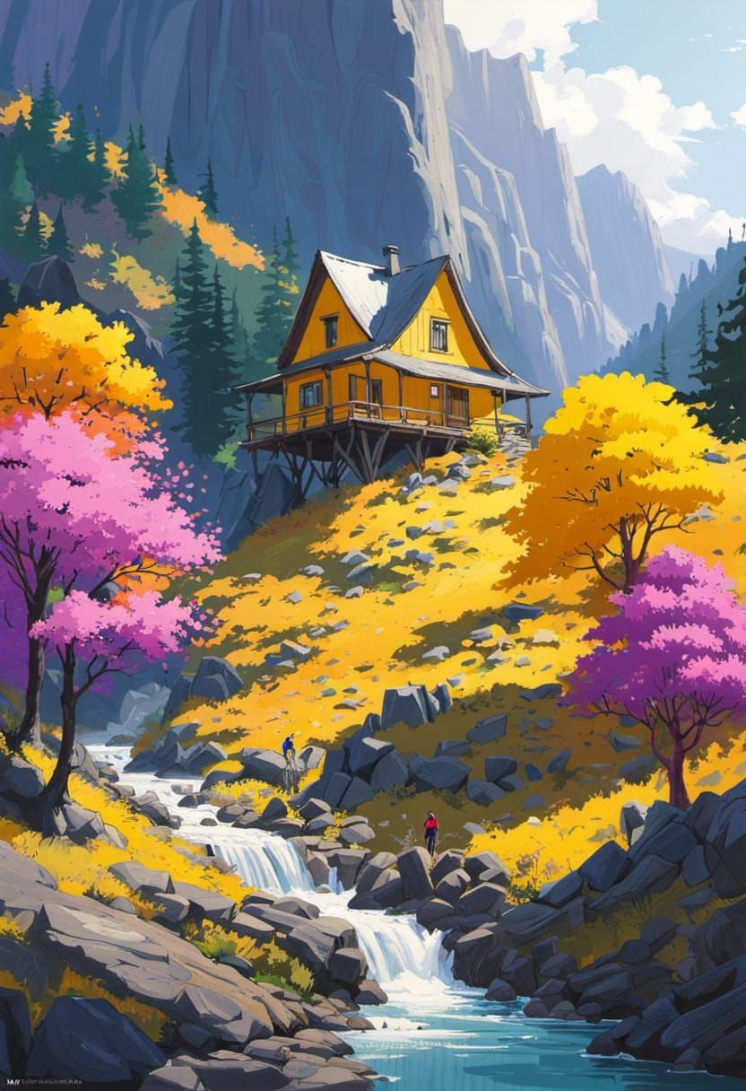 Quaint Cottage in Mountain Landscape, Digital Illustration