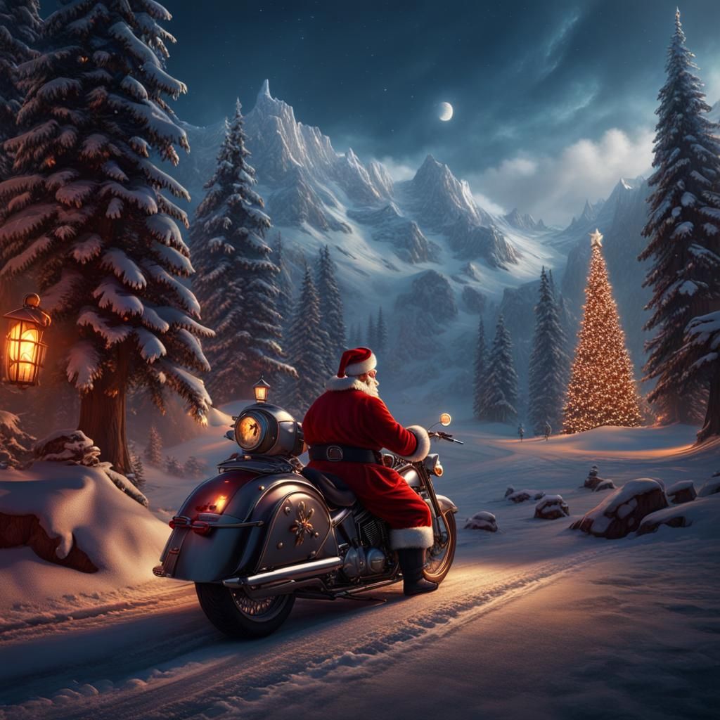 Santa Claus Rides Motorcycle: Detailed Matte Painting