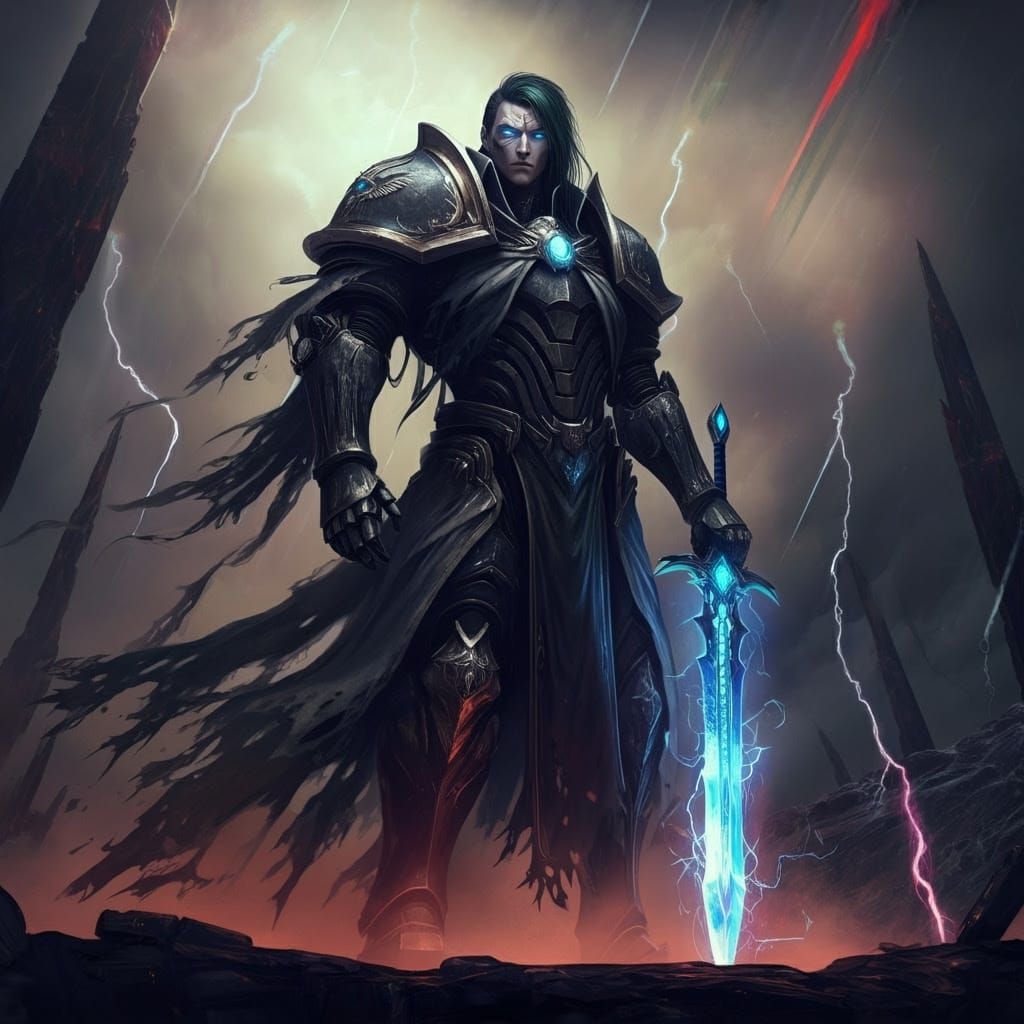 Cyberpunk Warrior in Weathered Power Armor with Ethereal Swo...