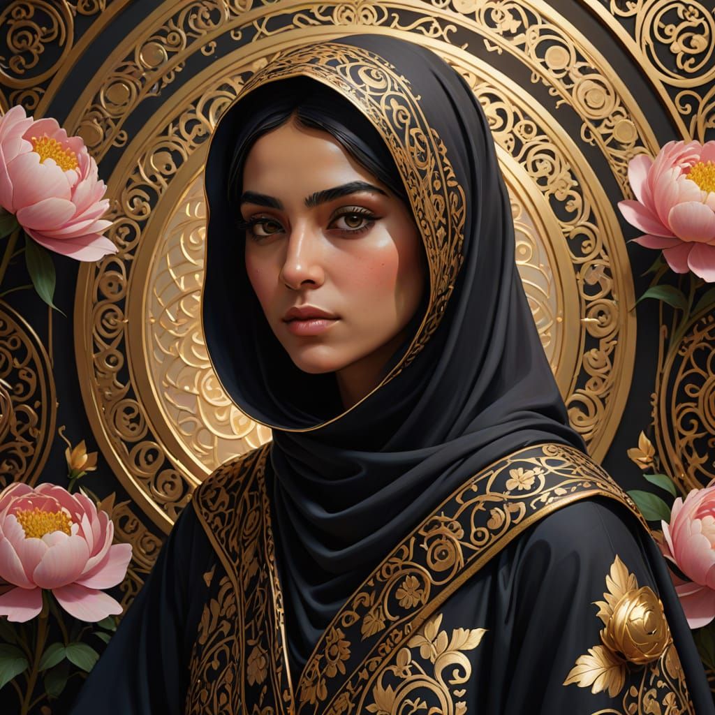 Afghan Woman in Futuristic Gold-Accented Hijab