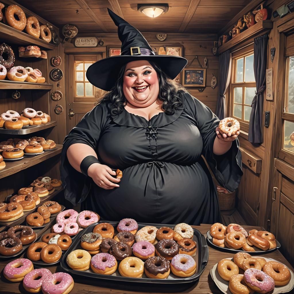 Obese Witch Smiles Evilly Holding Donuts