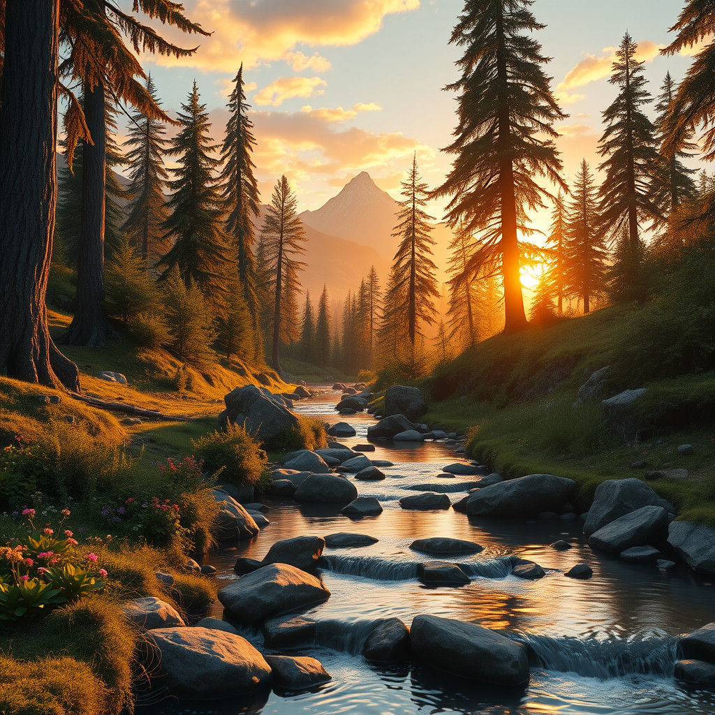 Mountain Creek Sunset: A Serene Fantasy Landscape