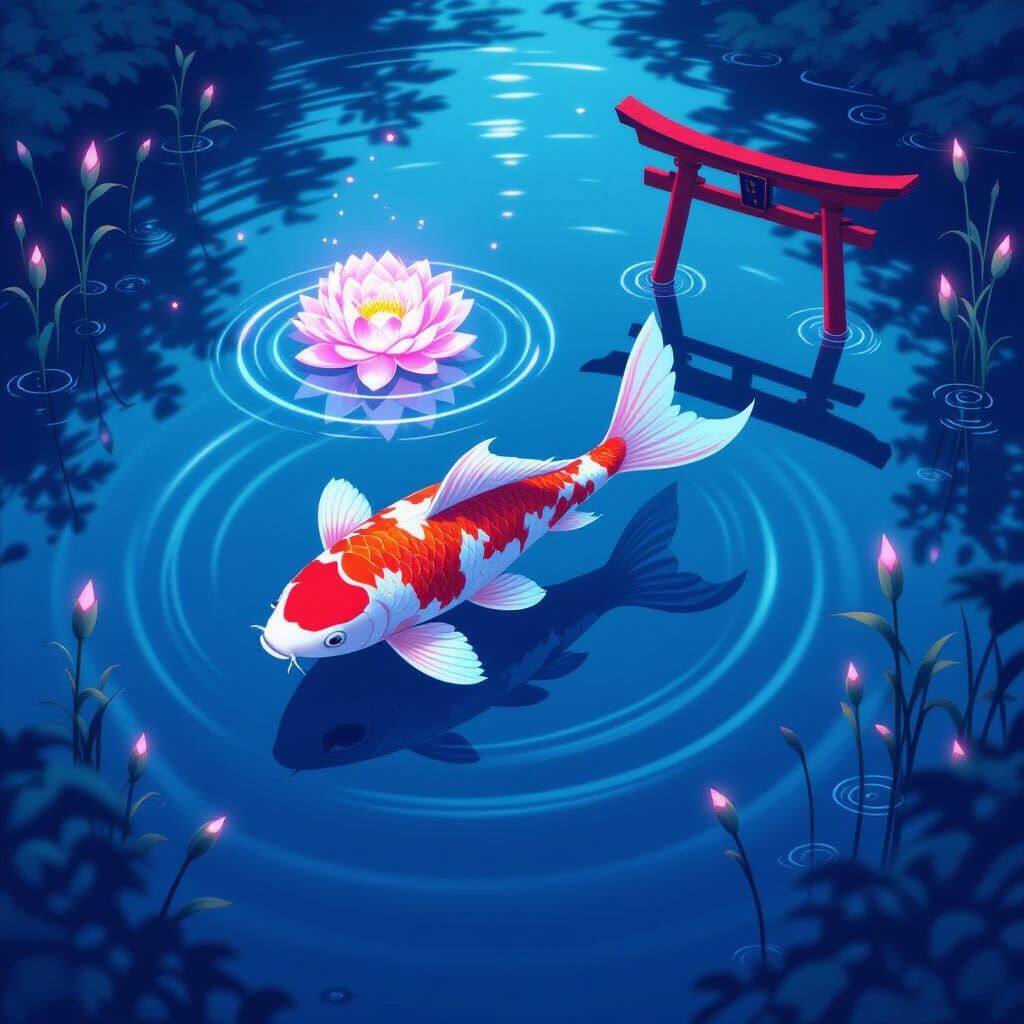 Plasma Koi Fish Rises Above Mirror Lake