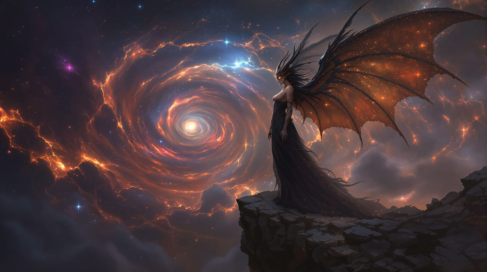 Ethereal Demon Overlooking Cosmic Nebula in Dark Fantasy Sty...