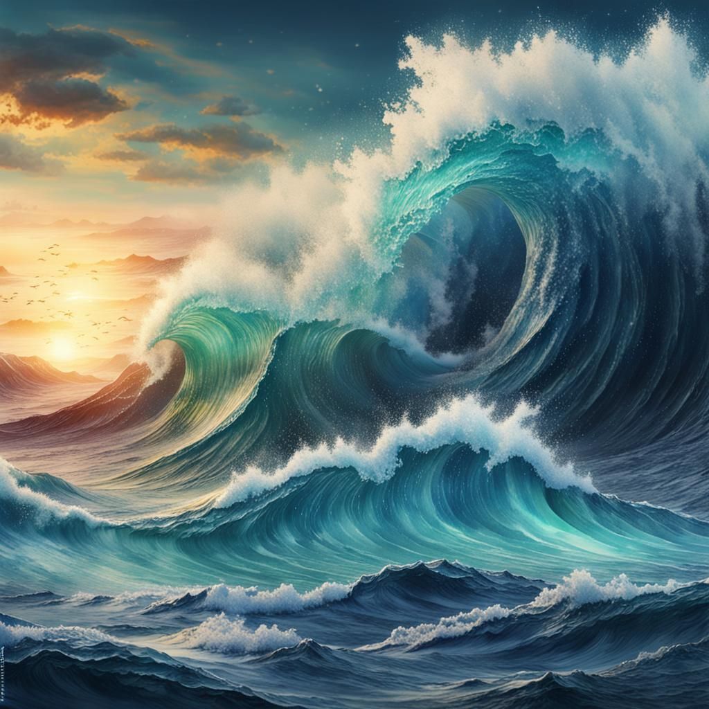 Watercolor Ocean Waves: Detailed Fantasy Art