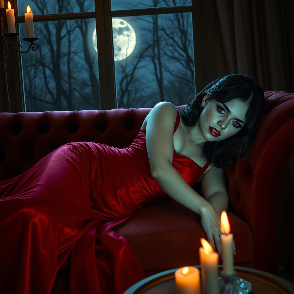 Elegant Vampire on Velvet Couch in Art Nouveau Style