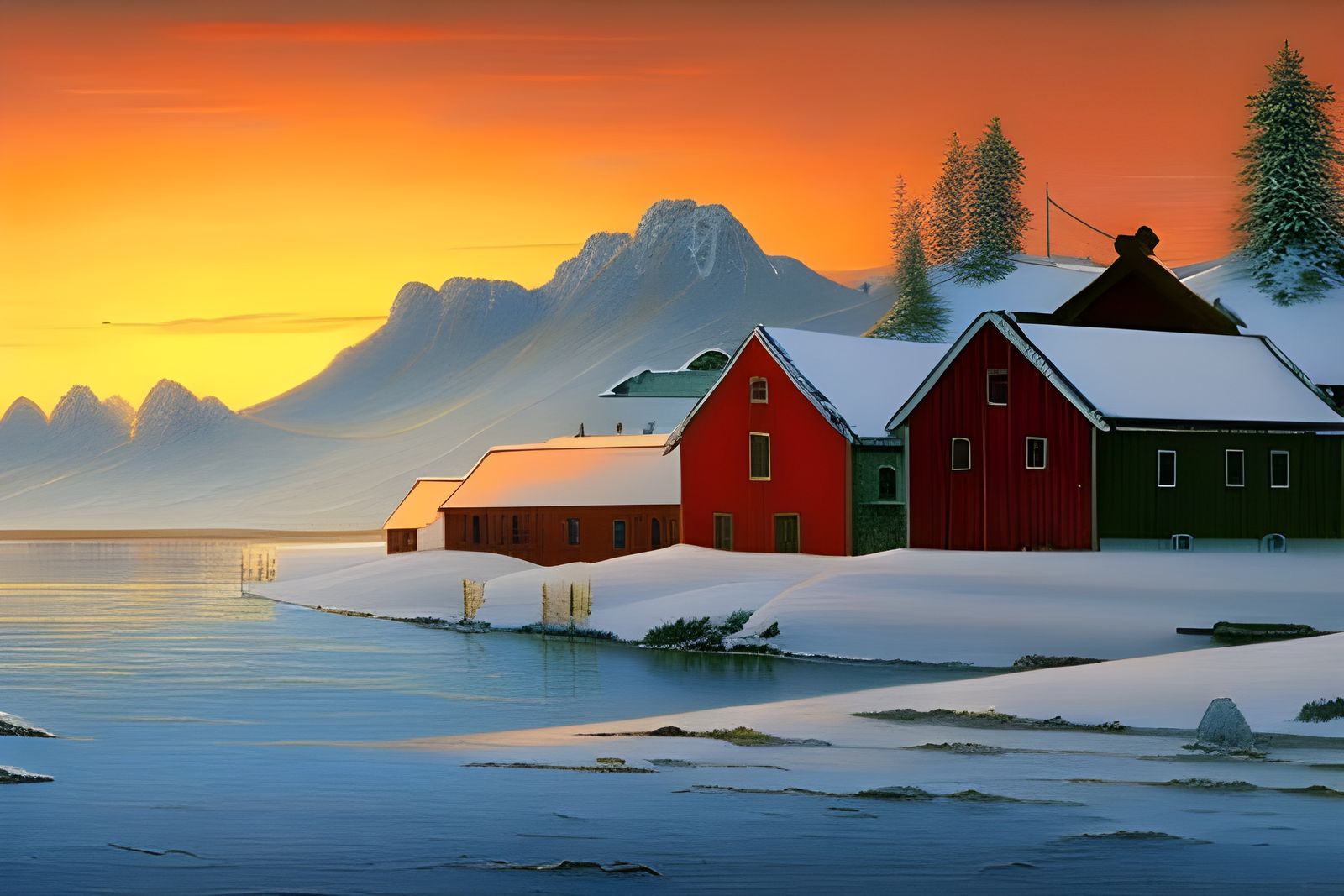 Colorful Winter Houses in Norway Fjord Landscape